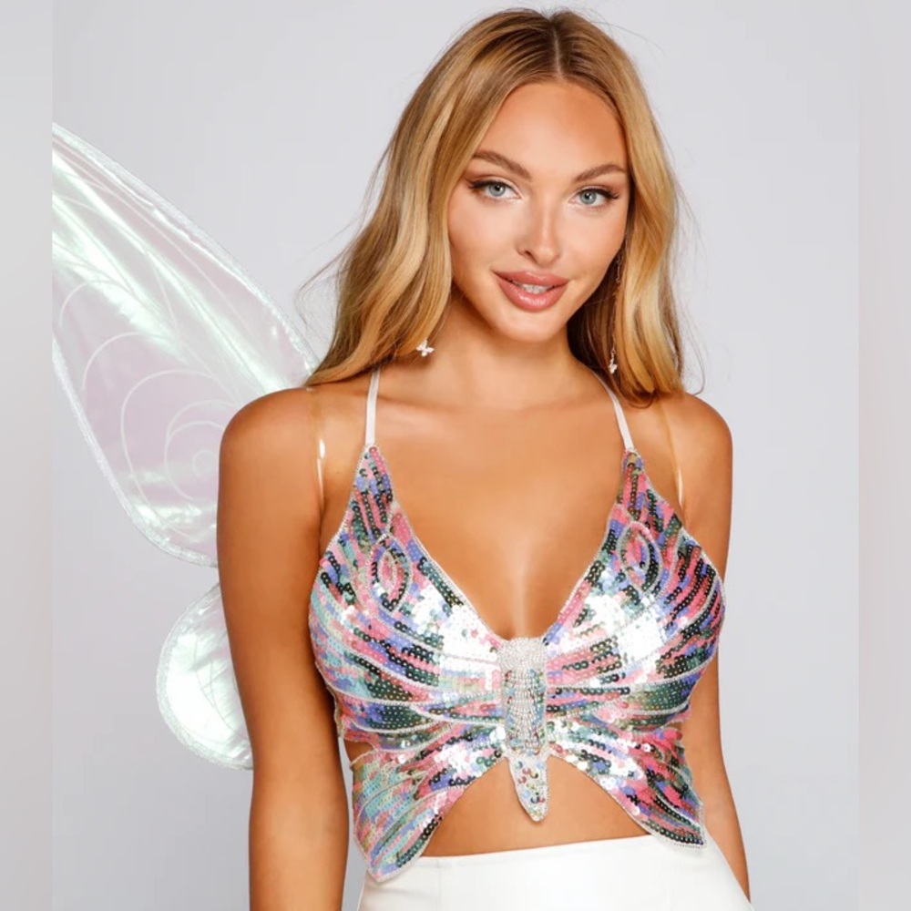 Sequin Embellished Ethereal Beauty Butterfly Fairytale Princess Crop Top NWT